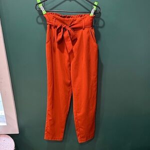 High-Waist Tie-Belt Paperbag Pants - Rusty Orange